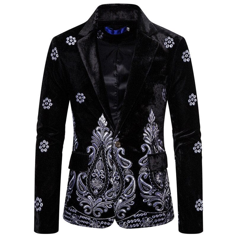 Men's Floral Embroidery Velvet Slim Fit Wedding Suit