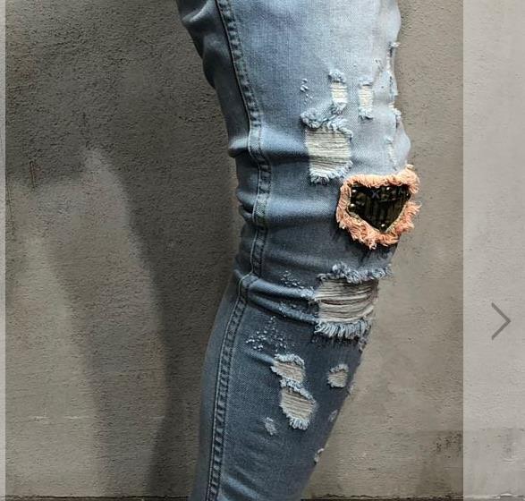 Men's Hole Badge Embroidery Skinny Denim Jeans