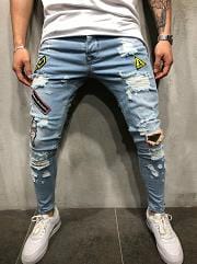 Men's Hole Badge Embroidery Skinny Denim Jeans