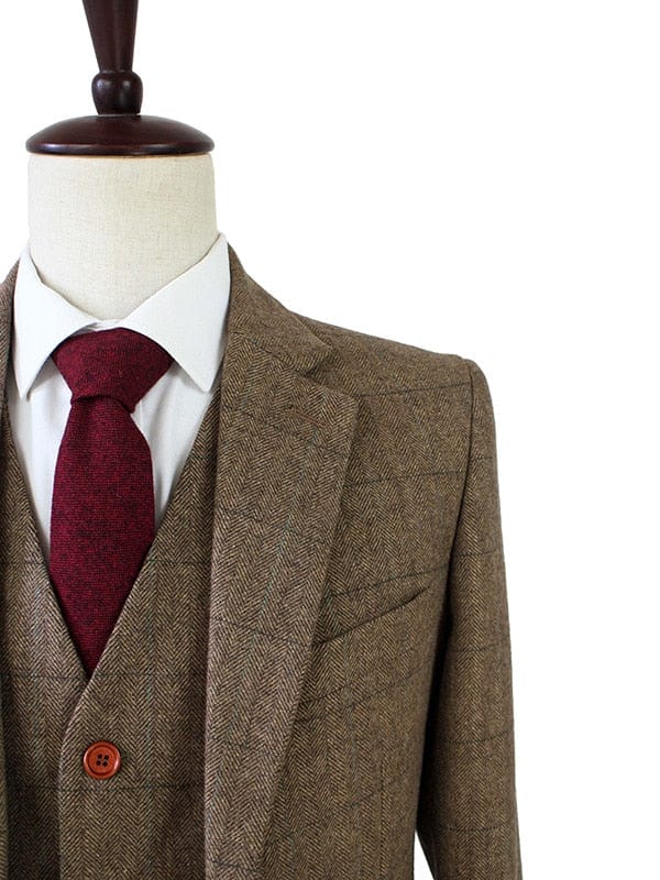 Men's Custom Slim Brown Herringbone Tweed Three-Piece Wedding Suit