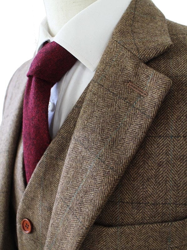 Men's Custom Slim Brown Herringbone Tweed Three-Piece Wedding Suit