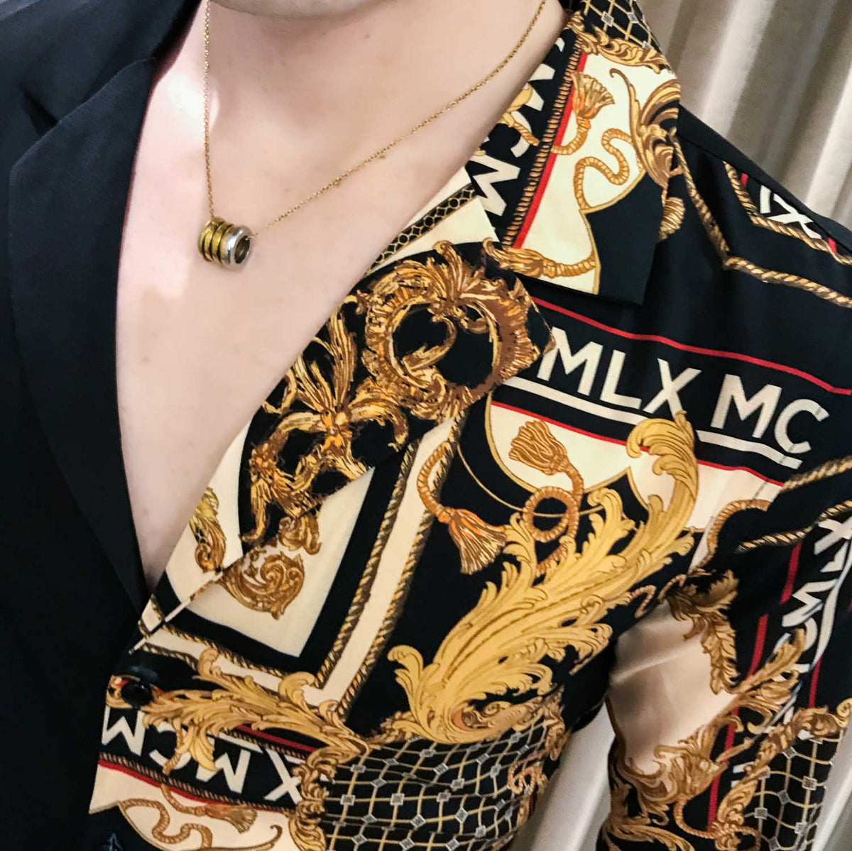 Men's Slim Fit Black Gold Print Long Sleeve Party Shirt