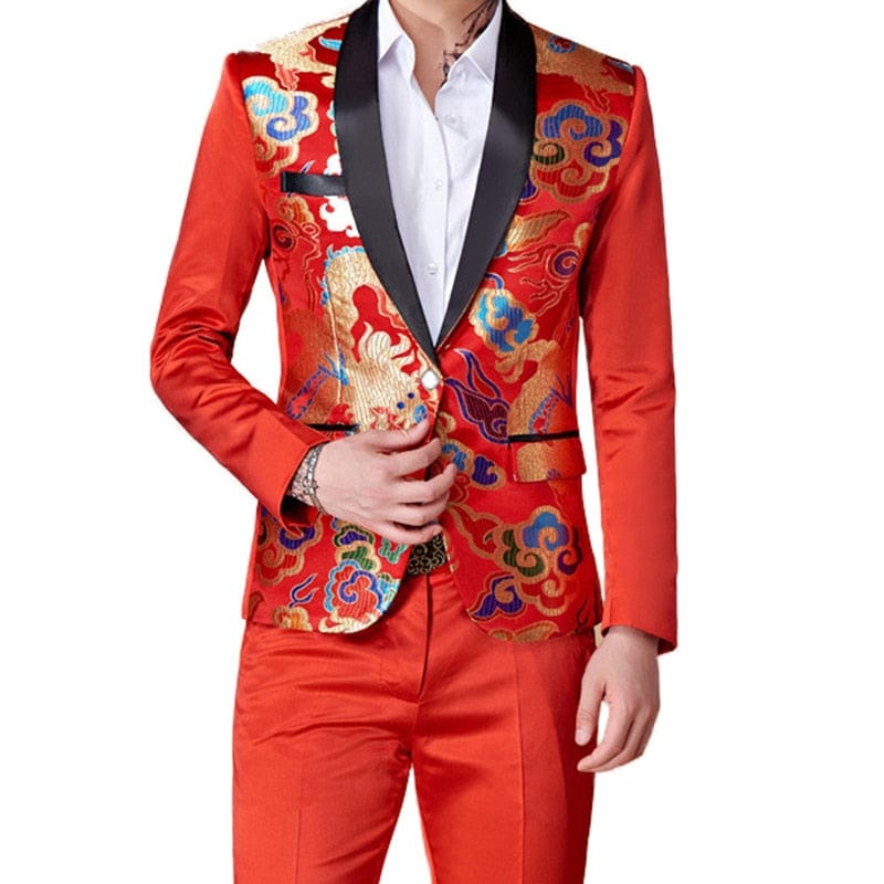 Men's Colorful Slim Fit Flower Blazer and Pants Two-Piece Suit