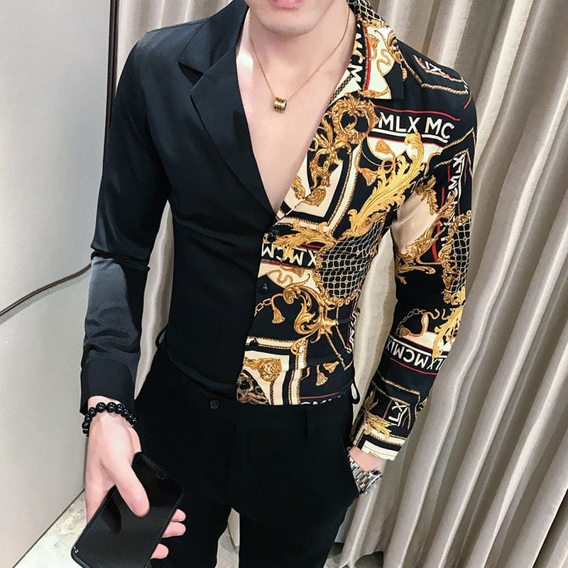 Men's Slim Fit Black Gold Print Long Sleeve Party Shirt
