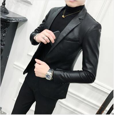 Men's Black Slim Fit PU Leather One-Button Blazer Prom Coat