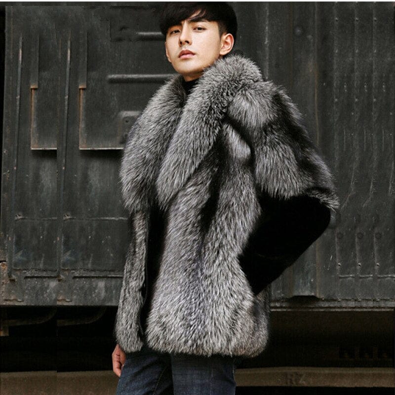 Men's Grey Faux Fur Winter Warm Coat Jacket Outwear