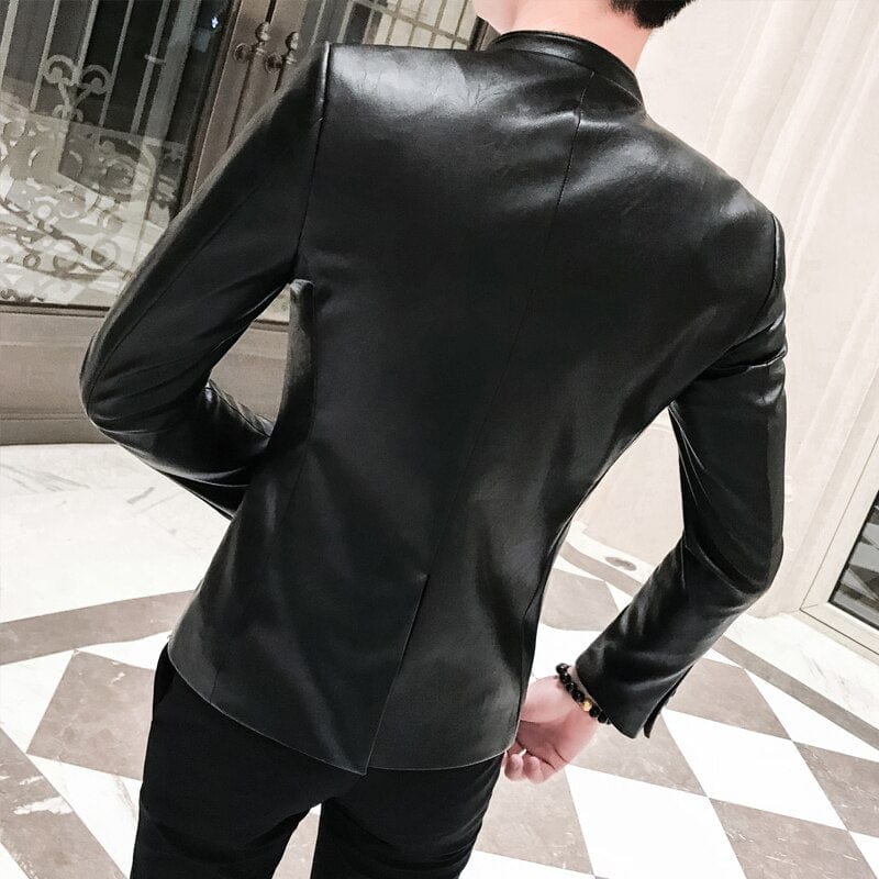 Men's Black Slim Fit PU Leather One-Button Blazer Prom Coat