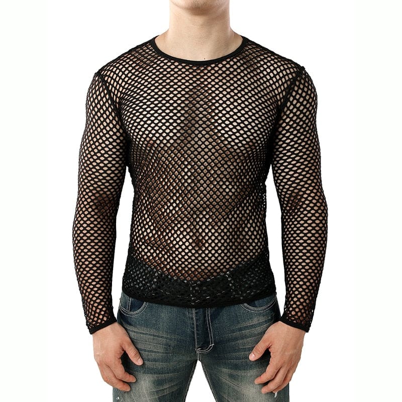 Mens Transparent Sexy Mesh T Shirt New See Through Fishnet Long Sleeve Muscle Undershirts Nightclub Party Perform Top Tees