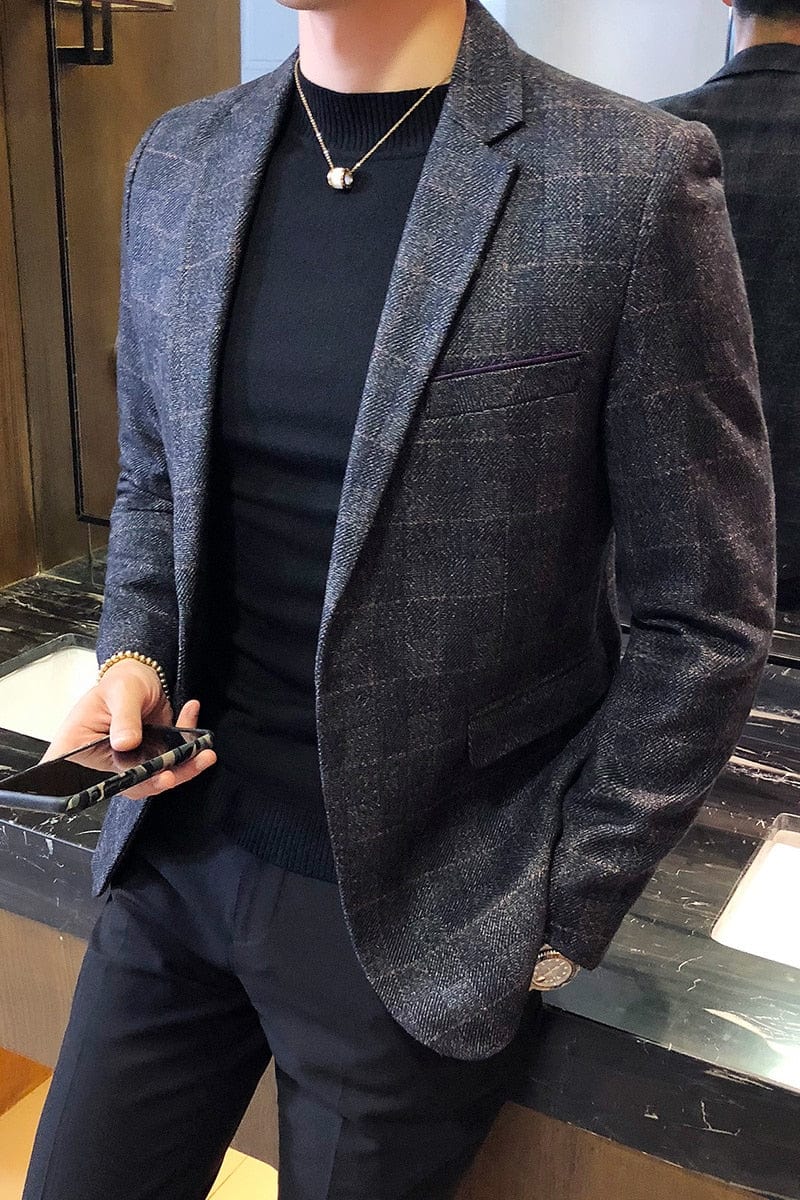 Men's Vintage Plaid One-Button British Blazer, Business Casual Jacket