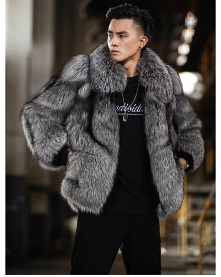 Men's Black Faux Fox Fur Winter Warm Coat Jacket