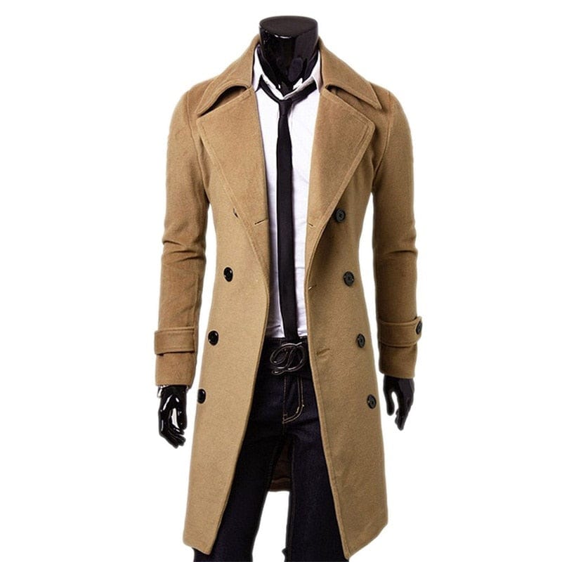 Men's Solid Color Double-Breasted Long Trench Coat