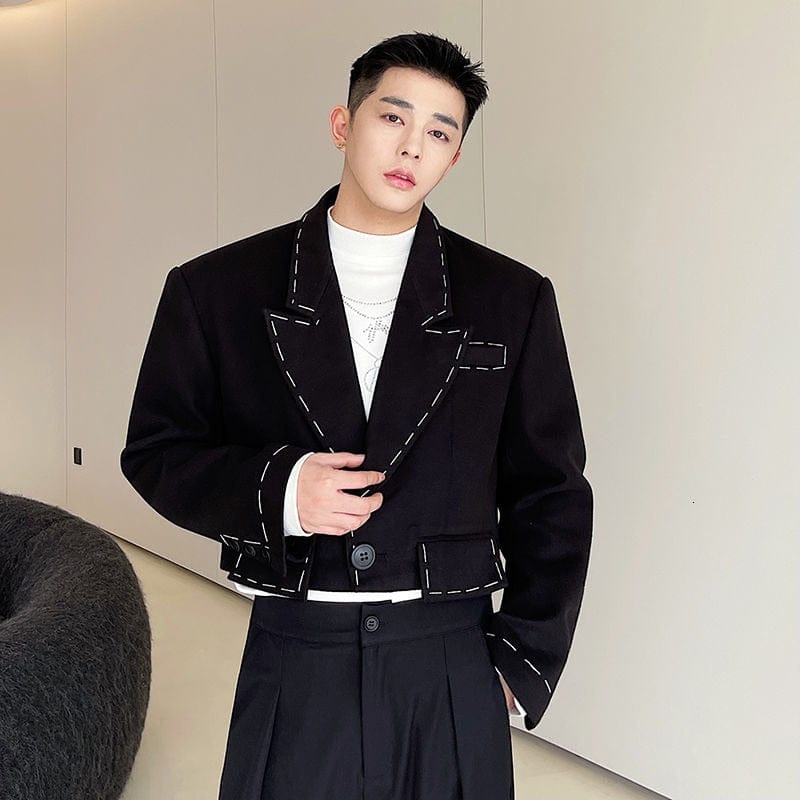Men's Topstitched Loose Notched Woolen Suit Blazer