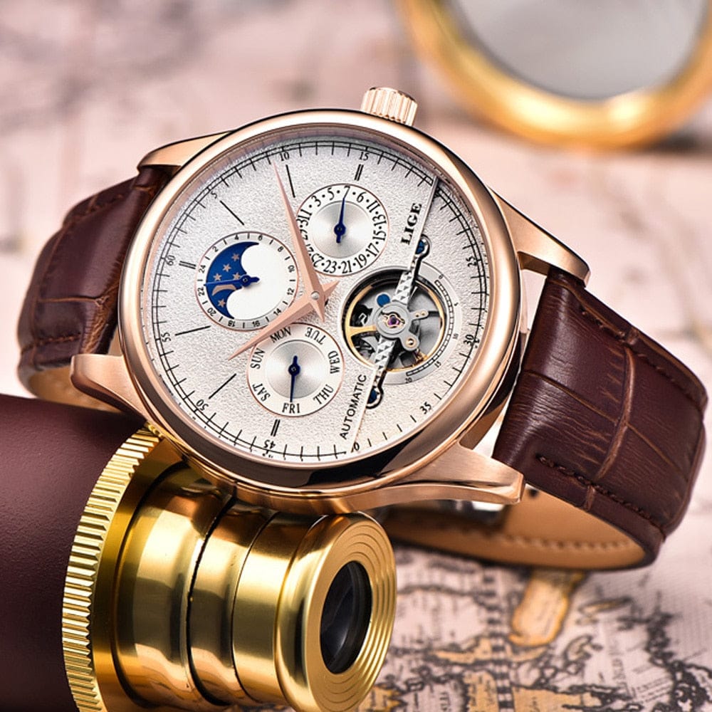 Men's Automatic Skeleton Tourbillon Watch with Calendar