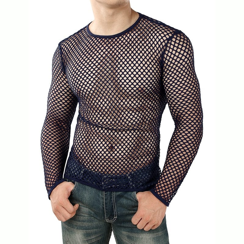 Mens Transparent Sexy Mesh T Shirt New See Through Fishnet Long Sleeve Muscle Undershirts Nightclub Party Perform Top Tees