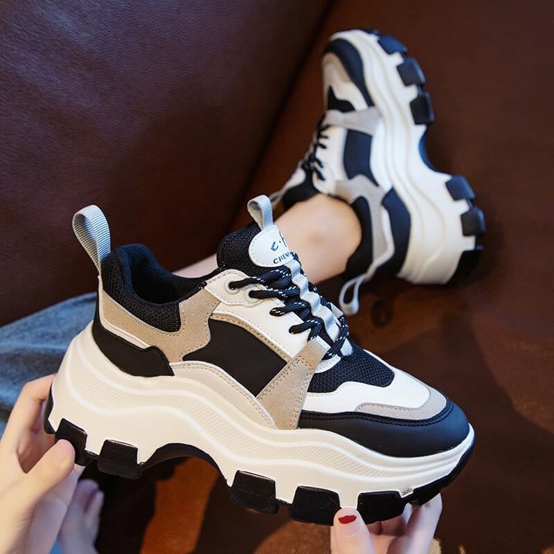 Women's Black White Chunky Platform Dad Sneakers 8cm