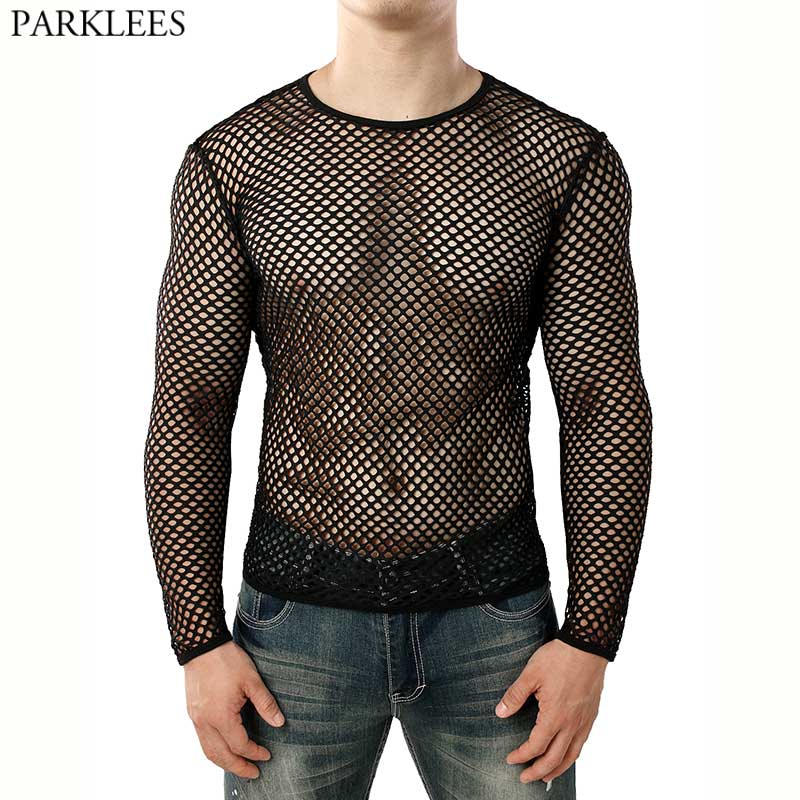 Mens Transparent Sexy Mesh T Shirt New See Through Fishnet Long Sleeve Muscle Undershirts Nightclub Party Perform Top Tees
