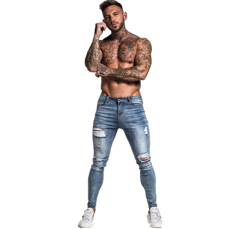 Men's Light Blue Distressed Super Skinny Stretch Jeans