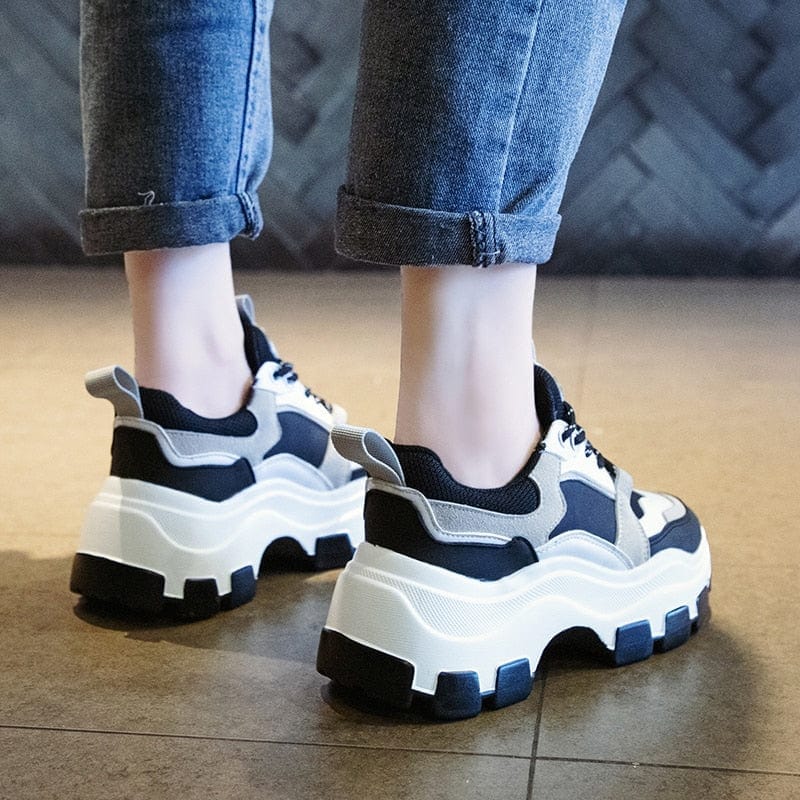 Women's Black White Chunky Platform Dad Sneakers 8cm