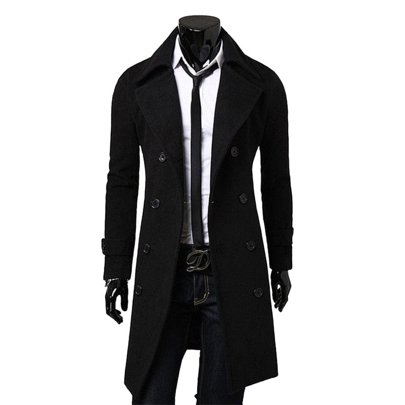 Men's Solid Color Double-Breasted Long Trench Coat