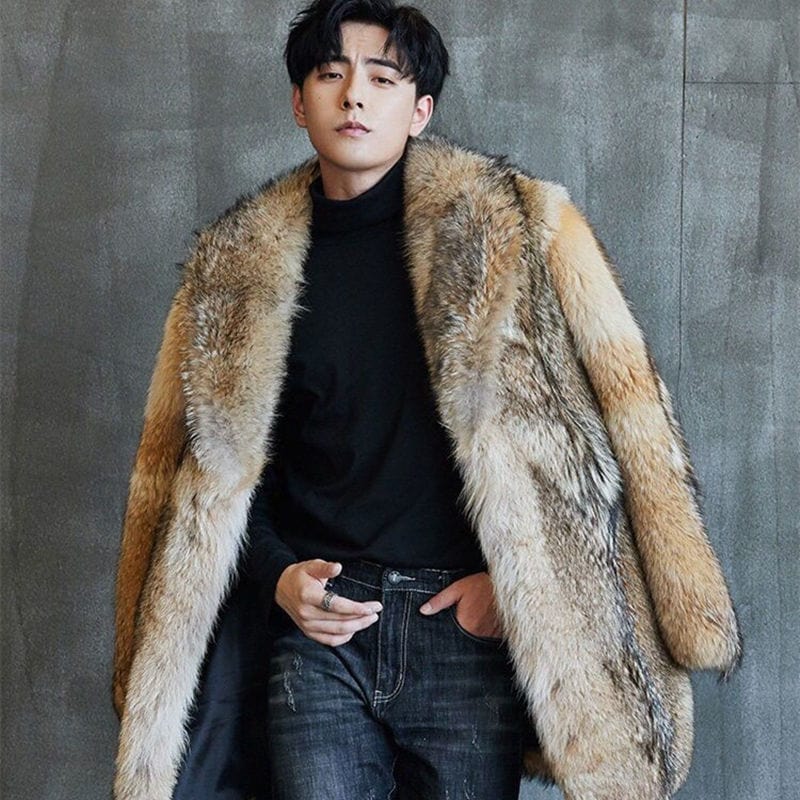 Men's Medium Long Wolf and Mink Fur Coat