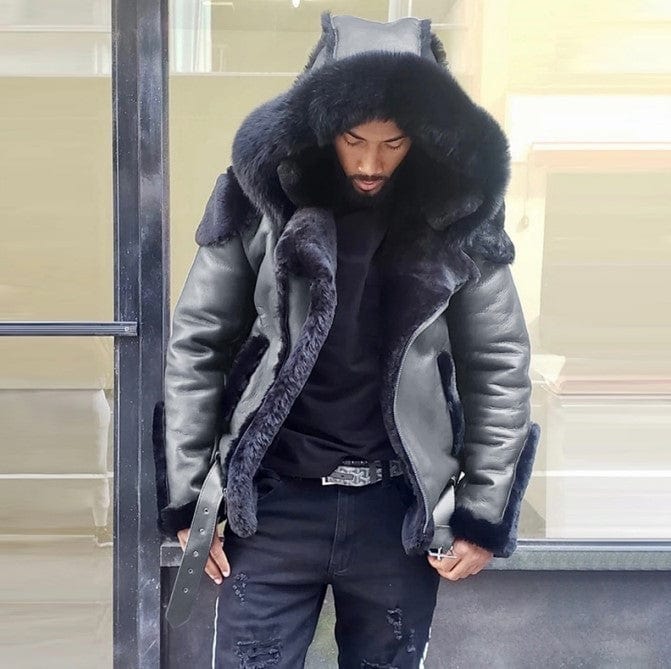 Men's Faux Leather Fur Collar Wool-Lined Winter Jacket
