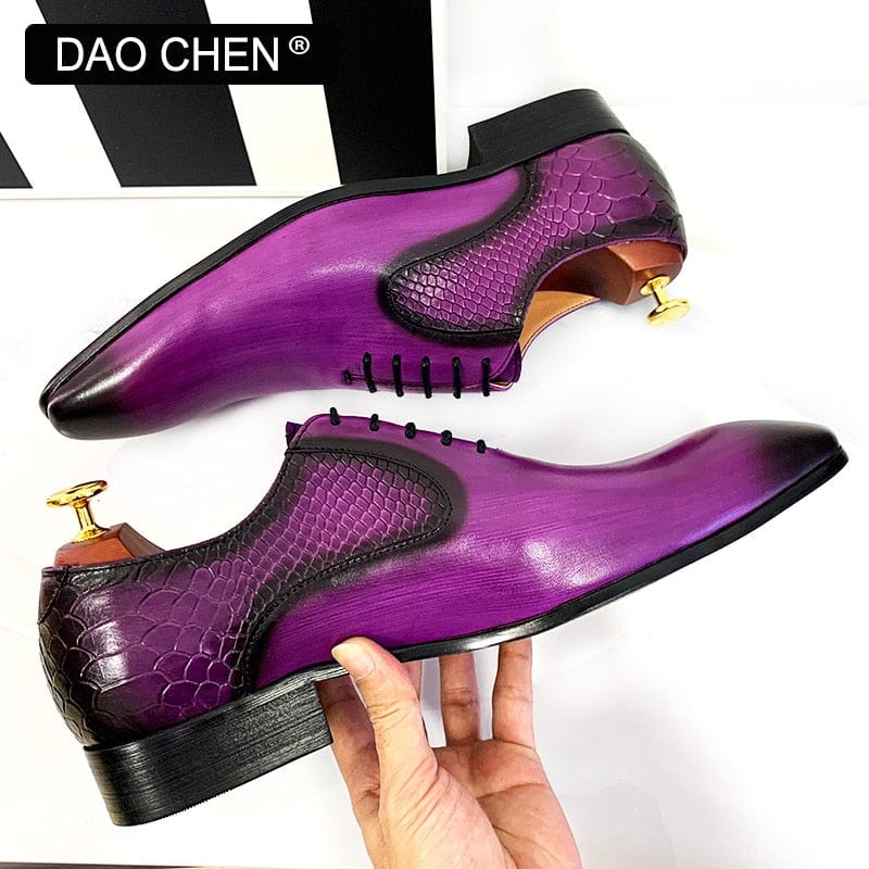 Men's Purple Black Snake Print Pointed Leather Oxford Dress Shoes