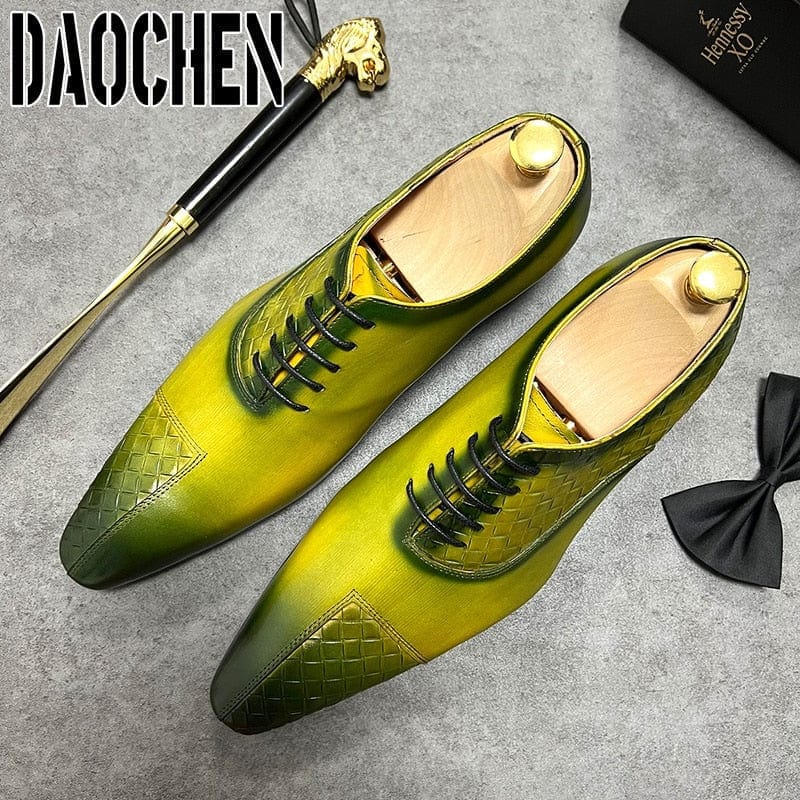 Men's Black Green Split-Toe Weave Print Leather Oxfords Wedding