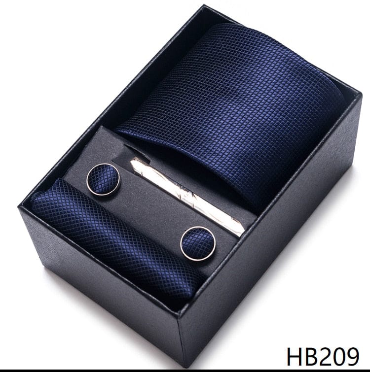Men's Blue Gold Silk Tie, Handkerchief and Cufflink Set