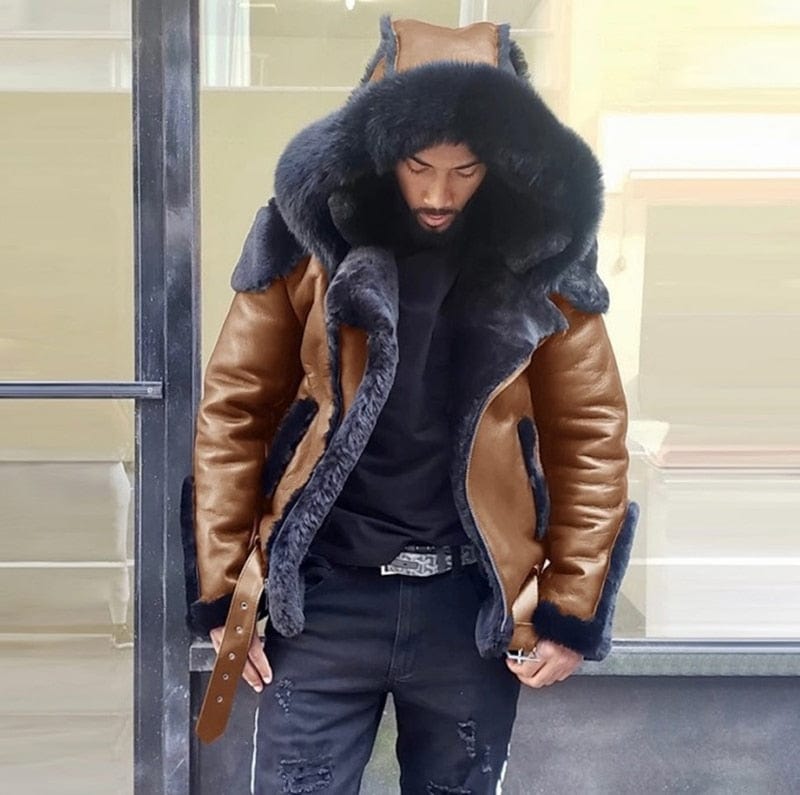 Men's Faux Leather Fur Collar Wool-Lined Winter Jacket