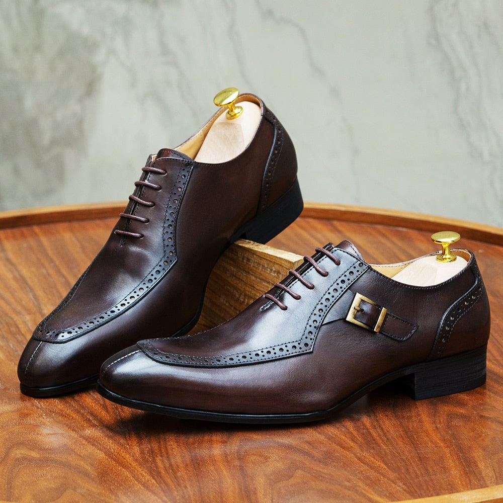 Men's Brown Black Leather Lace-Up Buckle Pointed Oxford Dress Shoes
