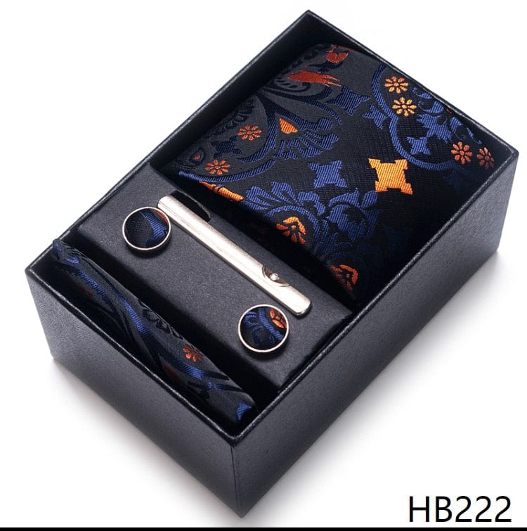 Men's Blue Gold Silk Tie, Handkerchief and Cufflink Set