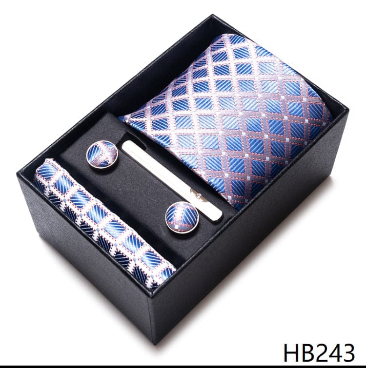 Men's Blue Gold Silk Tie, Handkerchief and Cufflink Set