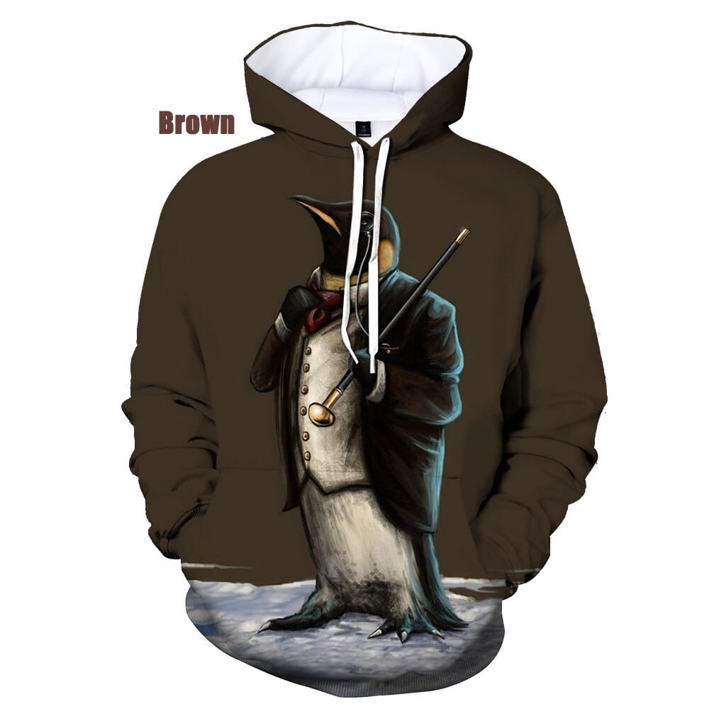 Unisex 3D Cute Penguin Print Pullover Hoodie, XS-5XL
