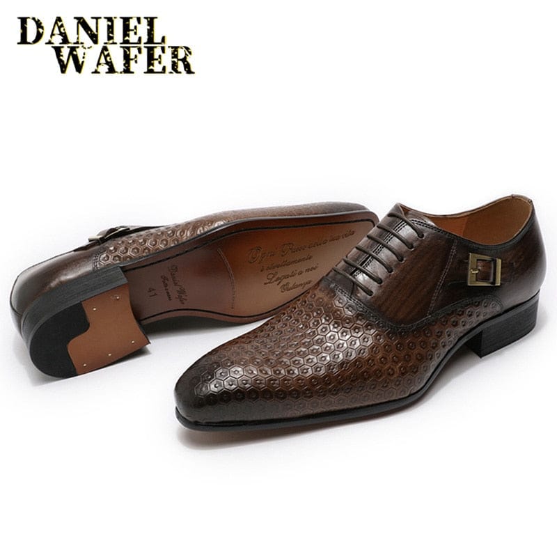 Men's Genuine Leather Geometric Print Pointed Oxford Shoes