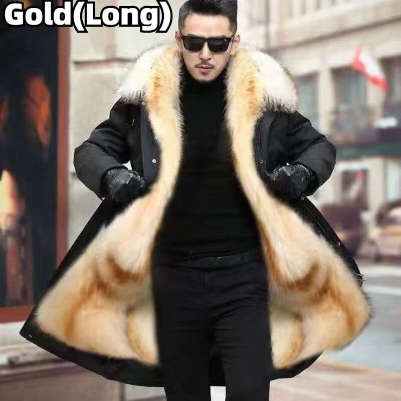 Men's Long Faux Fur Parka — Detachable Collar, Plush Lined