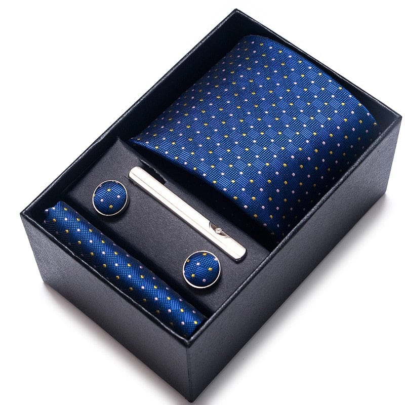 Men's Blue Gold Silk Tie, Handkerchief and Cufflink Set