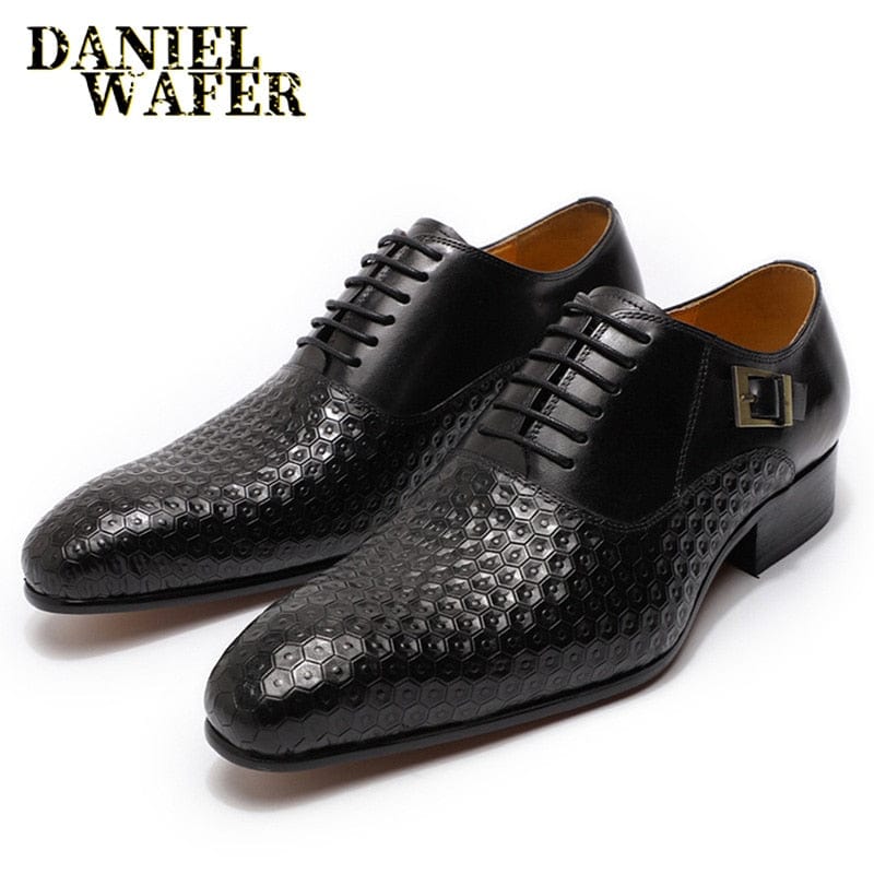 Men's Genuine Leather Geometric Print Pointed Oxford Shoes