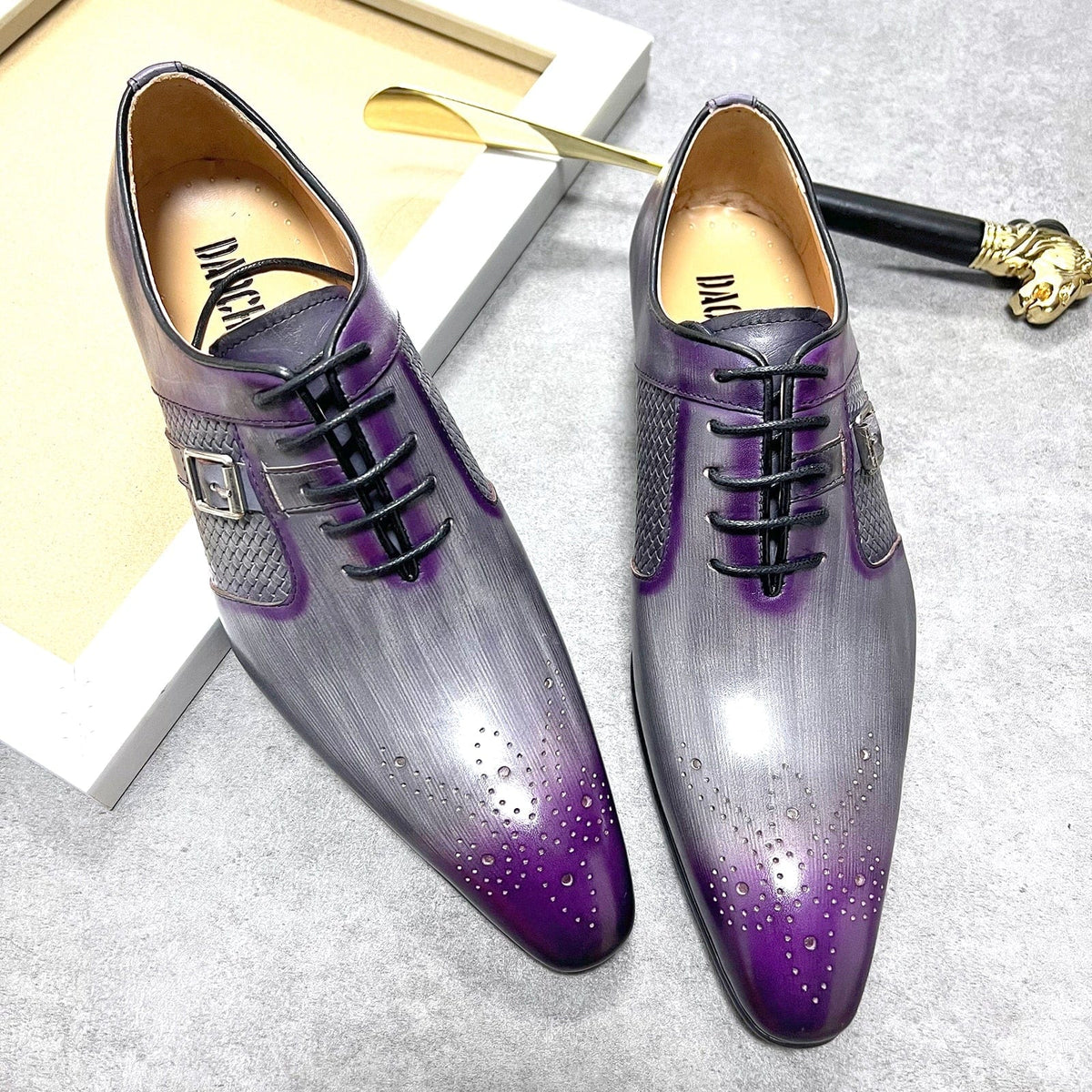 Men's Purple Mixed-Color Leather Pointed Brogue Oxford Dress Shoes