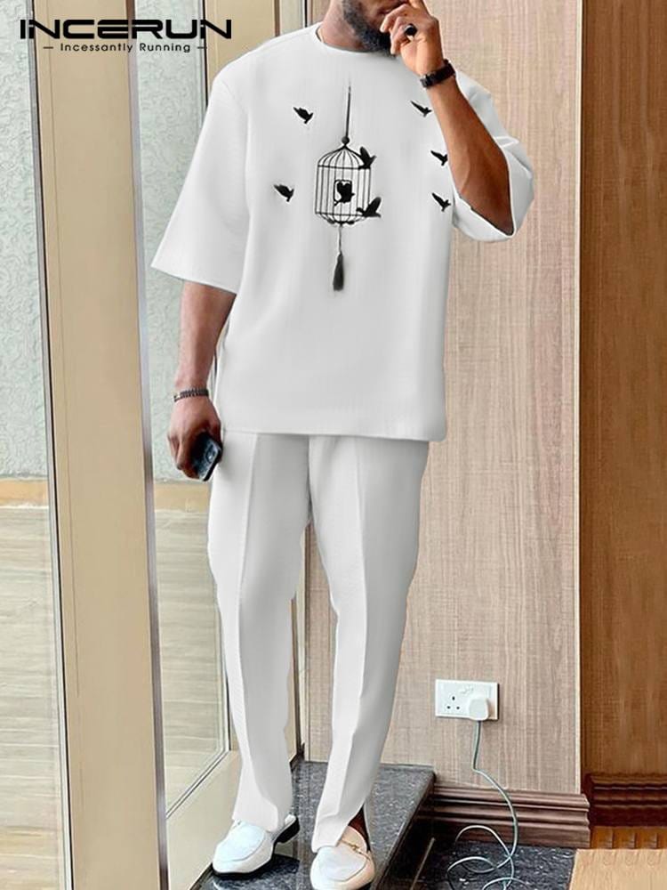 Men's Print Short Sleeve Shirt and Pants Holiday Two-Piece Set