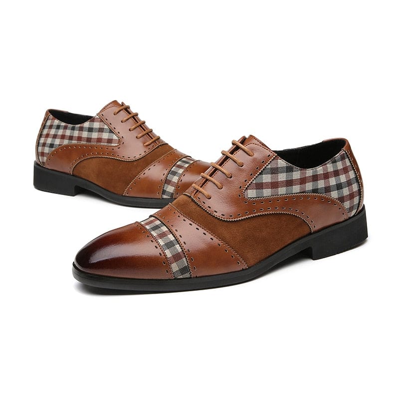 Men's Brown Black Patchwork Brogue Lace-Up Dress Shoes