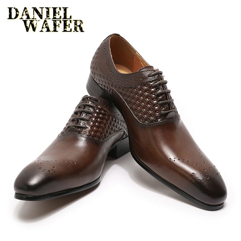 Men's Genuine Leather Pointed Oxford Brogue Office Wedding Shoes