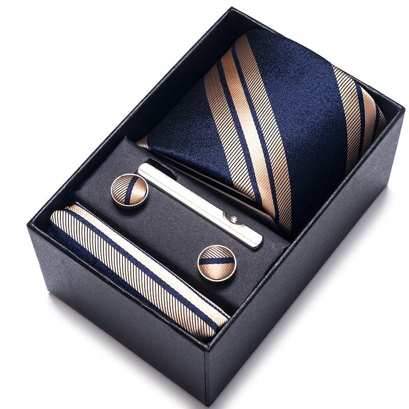 Men's Blue Gold Silk Tie, Handkerchief and Cufflink Set