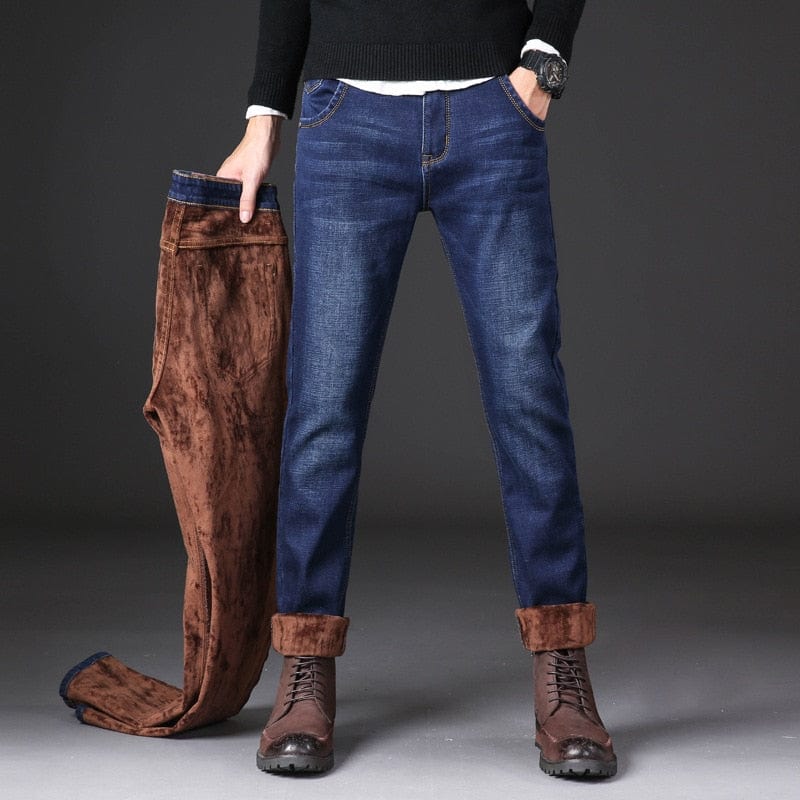 Men's Winter Warm Thick Slim Stretch Denim Jeans, Plus Size 38-40
