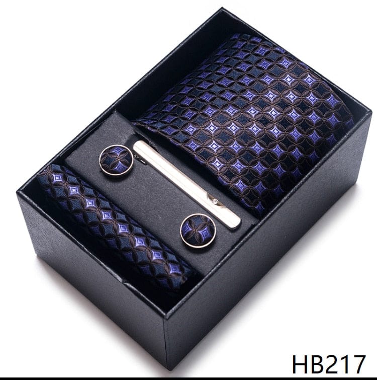 Men's Blue Gold Silk Tie, Handkerchief and Cufflink Set