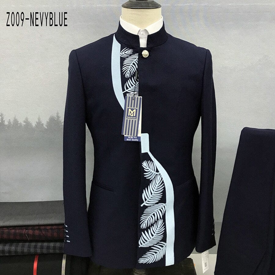 Men's Chinese Stand Collar Tunic Blazer and Pants Two-Piece Set