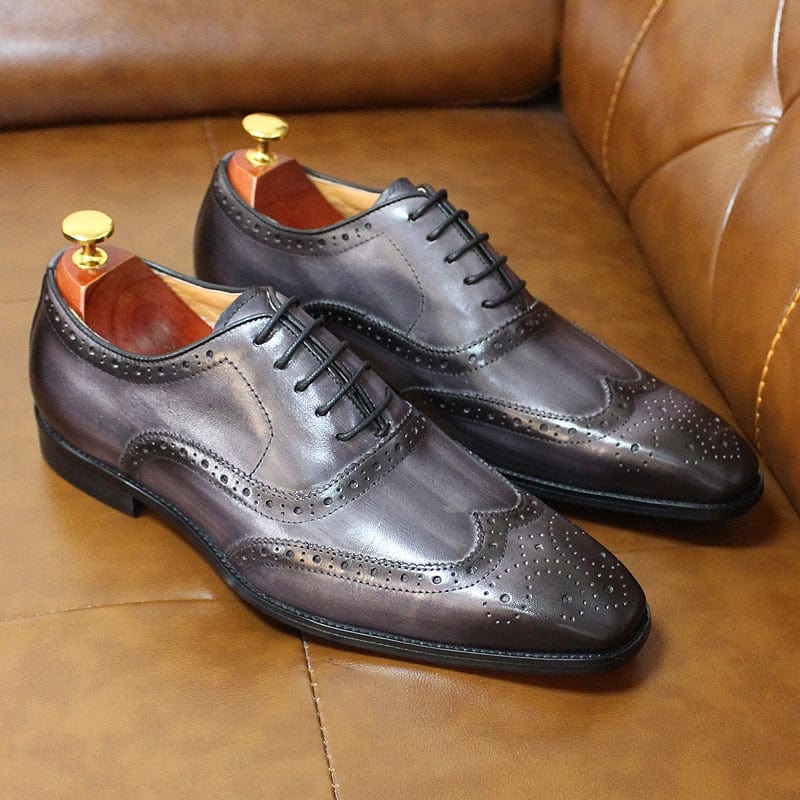Men's calf leather oxford dress shoes gray pair product photo