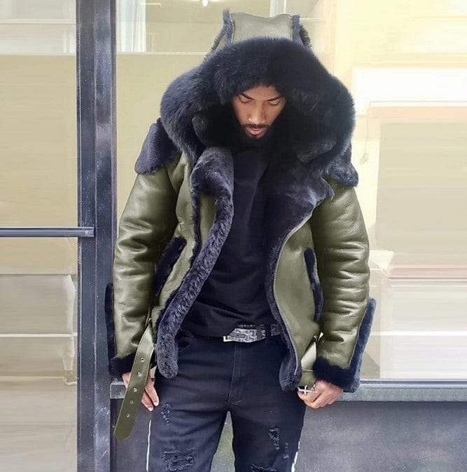 Men's Faux Leather Fur Collar Wool-Lined Winter Jacket