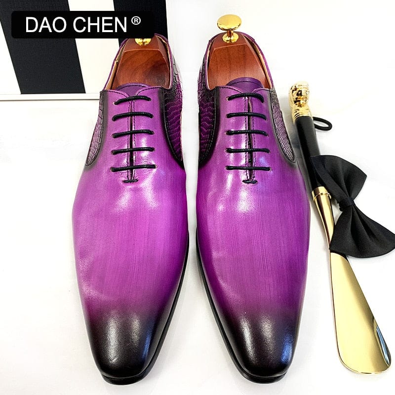 Men's Purple Black Snake Print Pointed Leather Oxford Dress Shoes