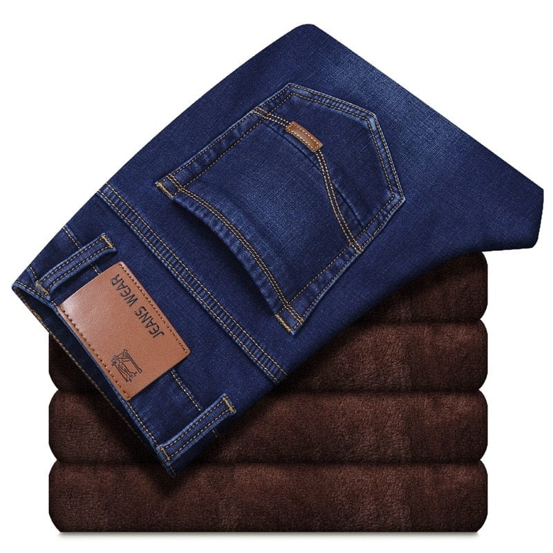 Men's Winter Warm Thick Slim Stretch Denim Jeans, Plus Size 38-40