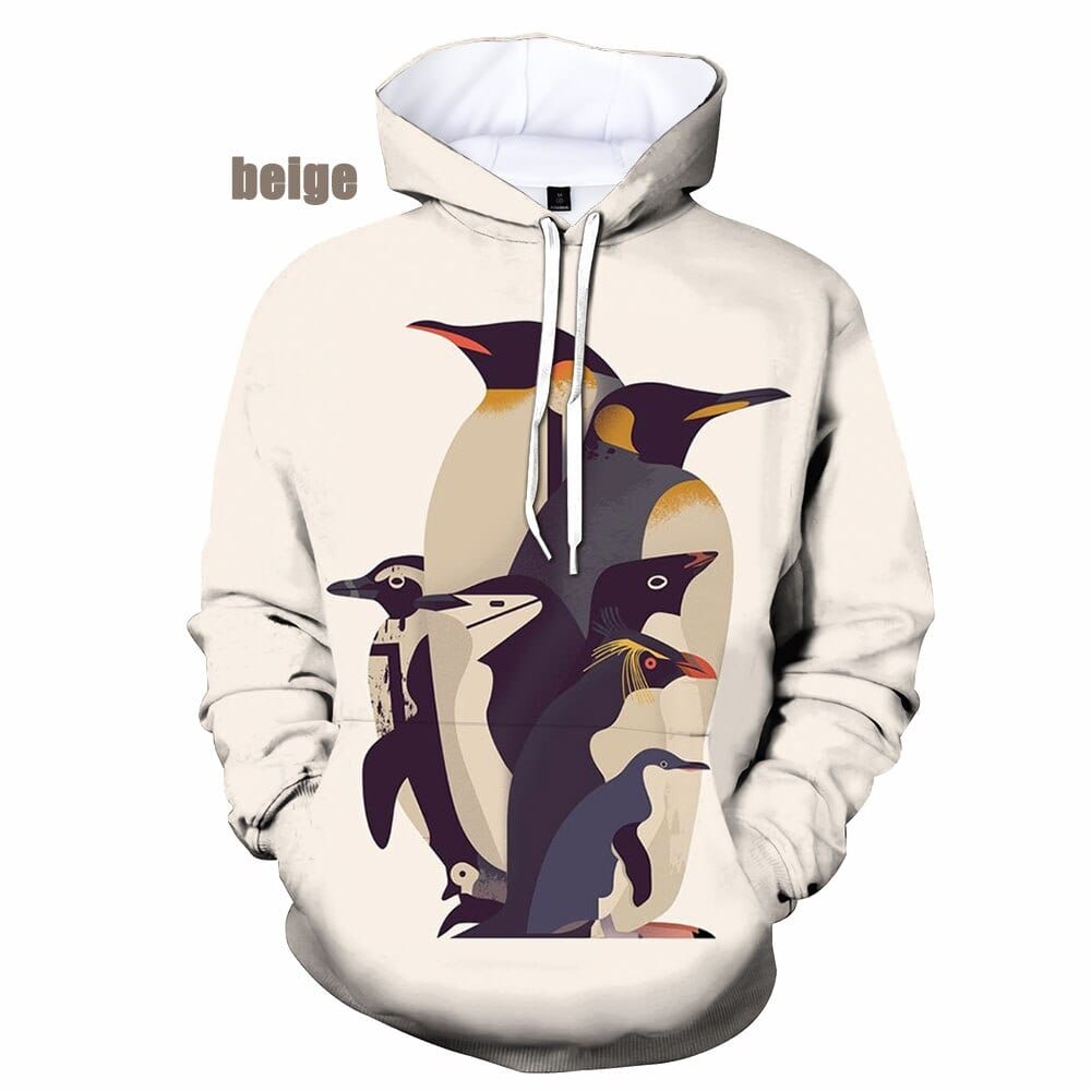 Unisex 3D Cute Penguin Print Pullover Hoodie, XS-5XL